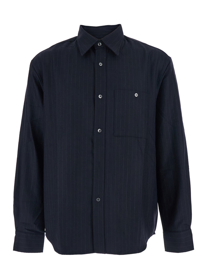 Blue Pinstriped Shirt with Pointed Collar in Wool Blend Man Blu Polyester And Blouses