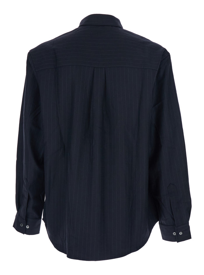Blue Pinstriped Shirt with Pointed Collar in Wool Blend Man Blu Polyester And Blouses