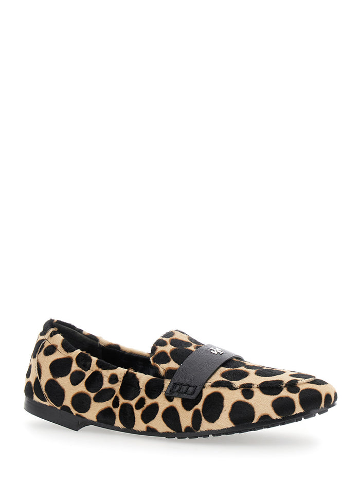 Beige Loafers with Front Logo and Animal Print in Leather Woman Multicolor Calf Goat