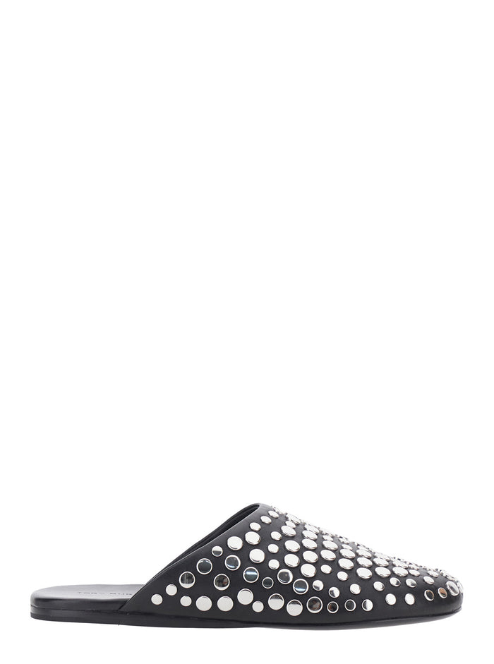 Black Mules with Round Toe and Stud Embellishments in Leather Woman Ovine Flat Shoes