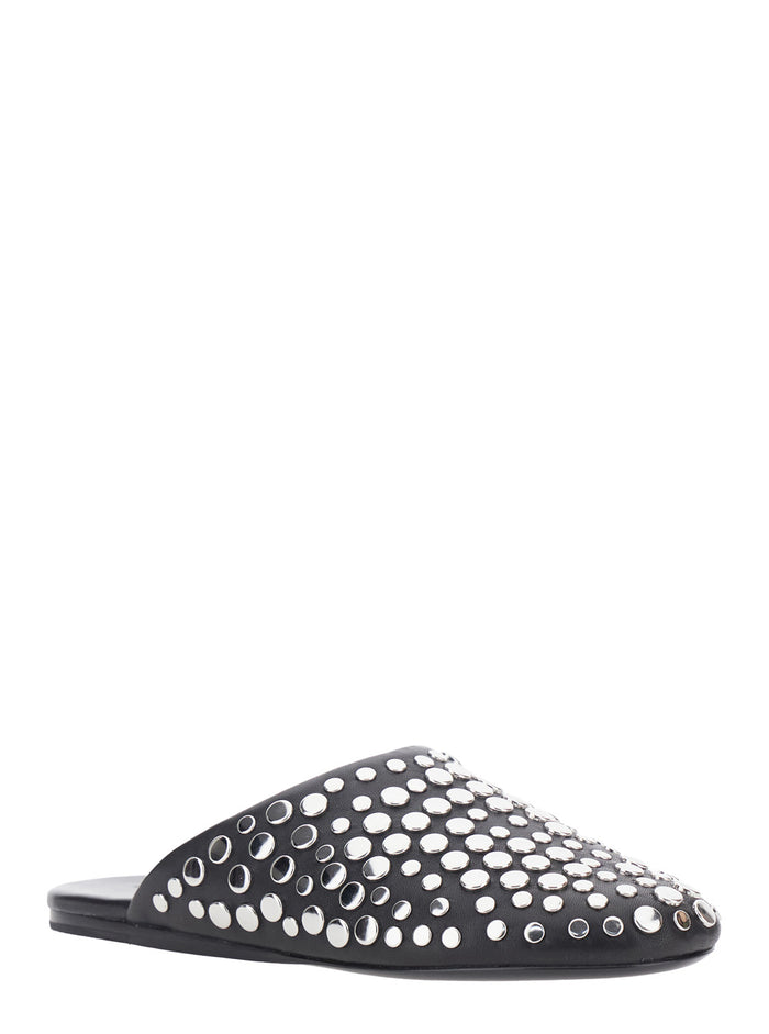 Black Mules with Round Toe and Stud Embellishments in Leather Woman Ovine Flat Shoes