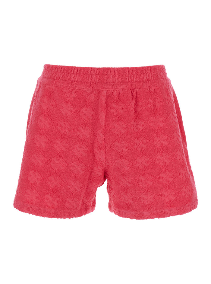 Terry Pink Shorts with Elastic Waist and All-Over Logo Embroidery in Cotton Blend Stretch Woman Nylon Elastane Bermuda
