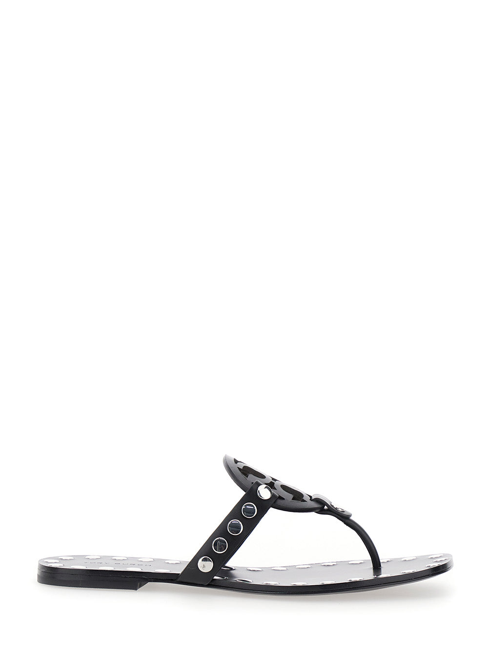 Black Thong Sandals with Logo on the Front and Stud Embellishments in Leather Woman Cow Flat Shoes