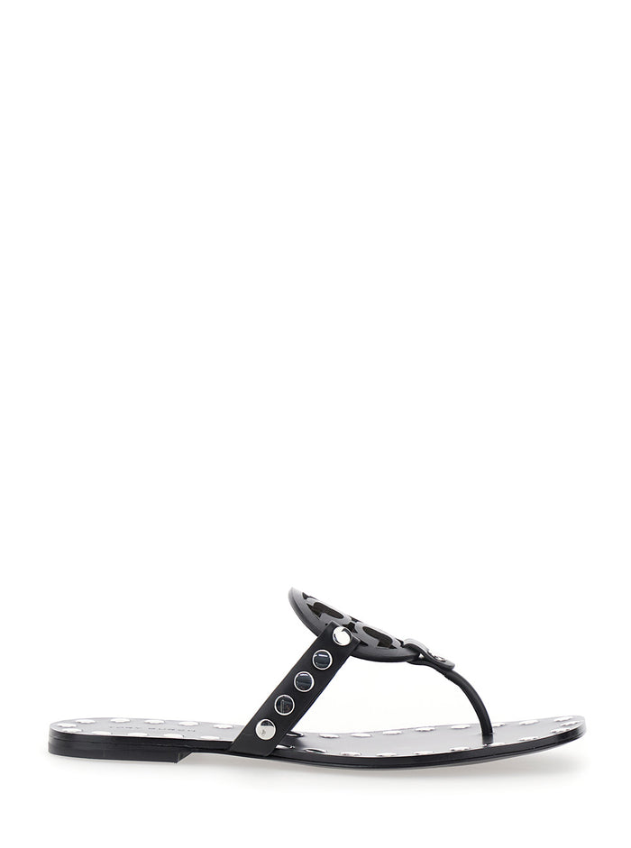 Black Thong Sandals with Logo on the Front and Stud Embellishments in Leather Woman Cow Flat Shoes