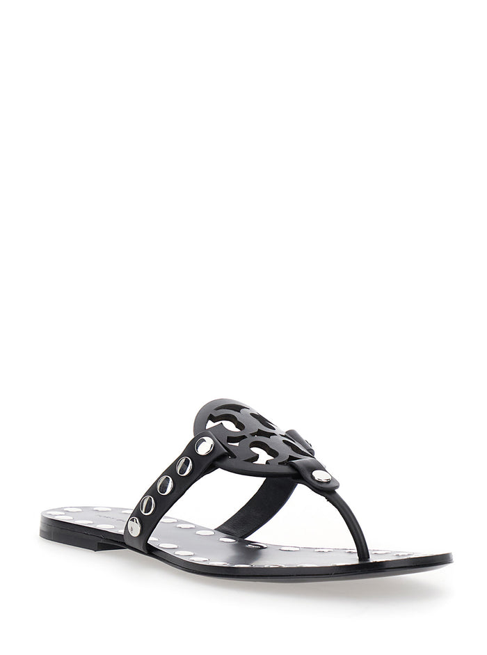 Black Thong Sandals with Logo on the Front and Stud Embellishments in Leather Woman Cow Flat Shoes