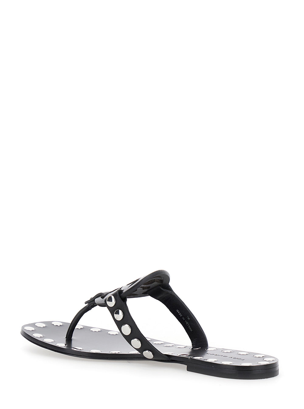 Black Thong Sandals with Logo on the Front and Stud Embellishments in Leather Woman Cow Flat Shoes