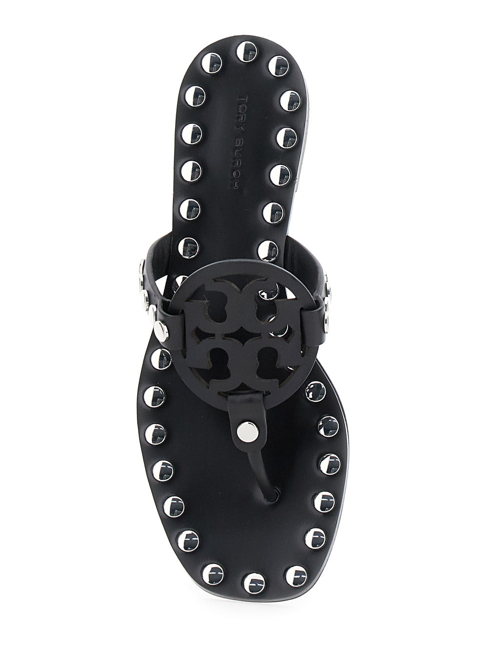 Black Thong Sandals with Logo on the Front and Stud Embellishments in Leather Woman Cow Flat Shoes