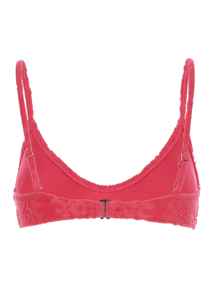 Terry Pink Bikini Top with Adjustable Spaghetti Straps and All-Over Logo Embroidery in Cotton Blend Stretch Woman Nylon Elastane Tops