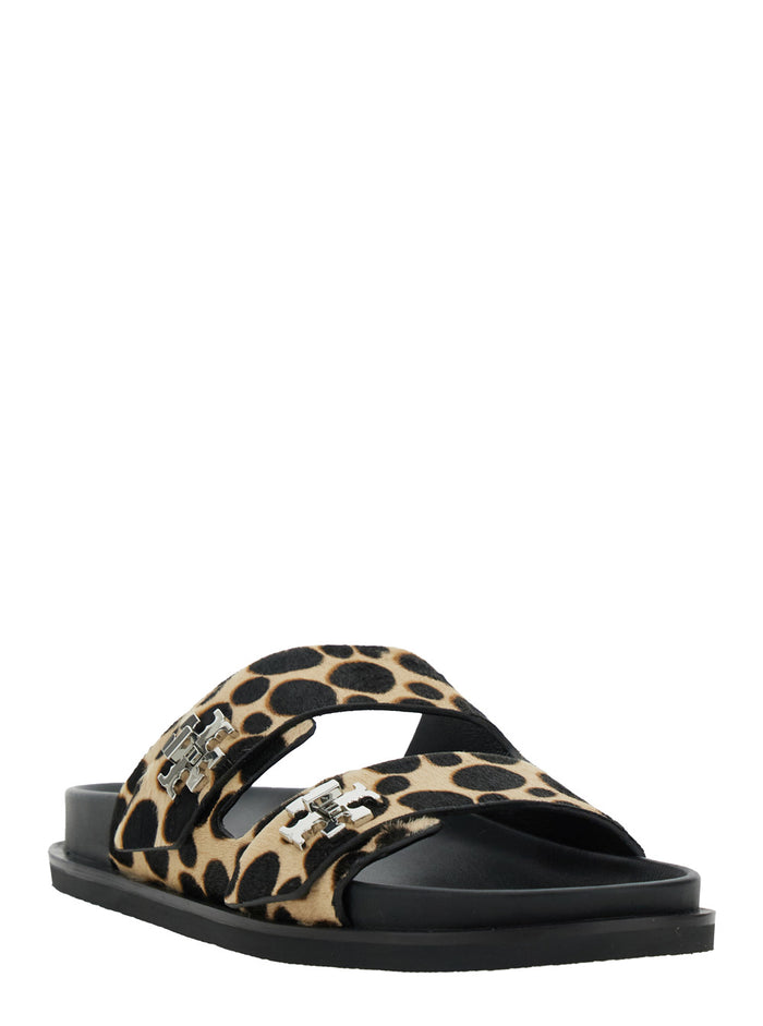 Turnlock Brown Sandals with Double Strap and Leopard Print in Leather Woman Multicolor Calf Flat Shoes
