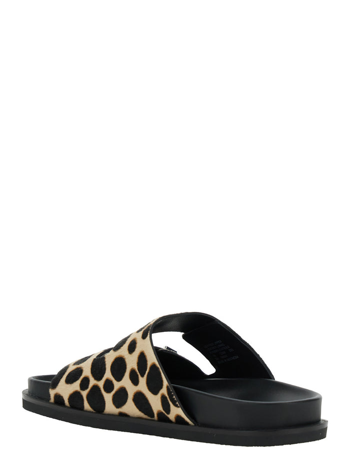 Turnlock Brown Sandals with Double Strap and Leopard Print in Leather Woman Multicolor Calf Flat Shoes