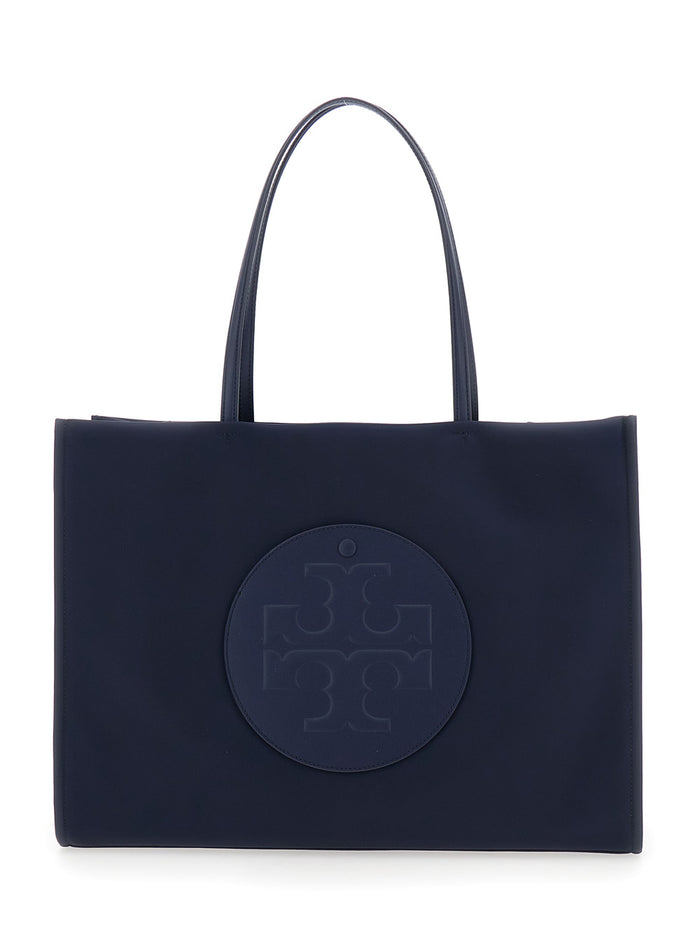 Ella Blue Large Tote Bag with Tonal Logo Detail in Tech Fabric Woman Blu Nylon