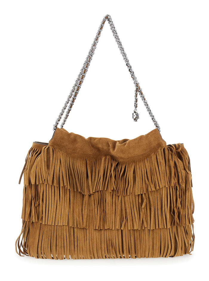Fleming Brown Shoulder Bag With Chain Strap And Fringe Design Suede Woman