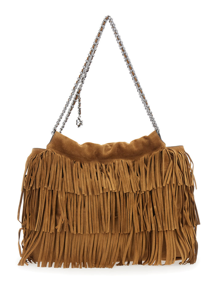 Fleming Brown Shoulder Bag With Chain Strap And Fringe Design Suede Woman