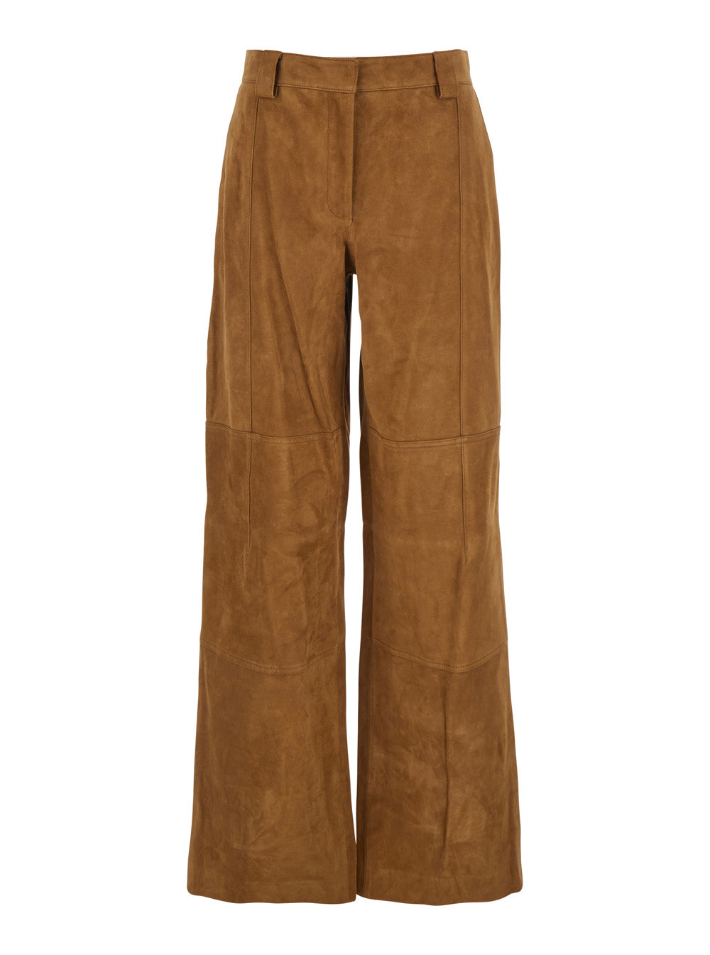 Beige Pants With Belt Loops And Insert Design Suede Woman Trousers