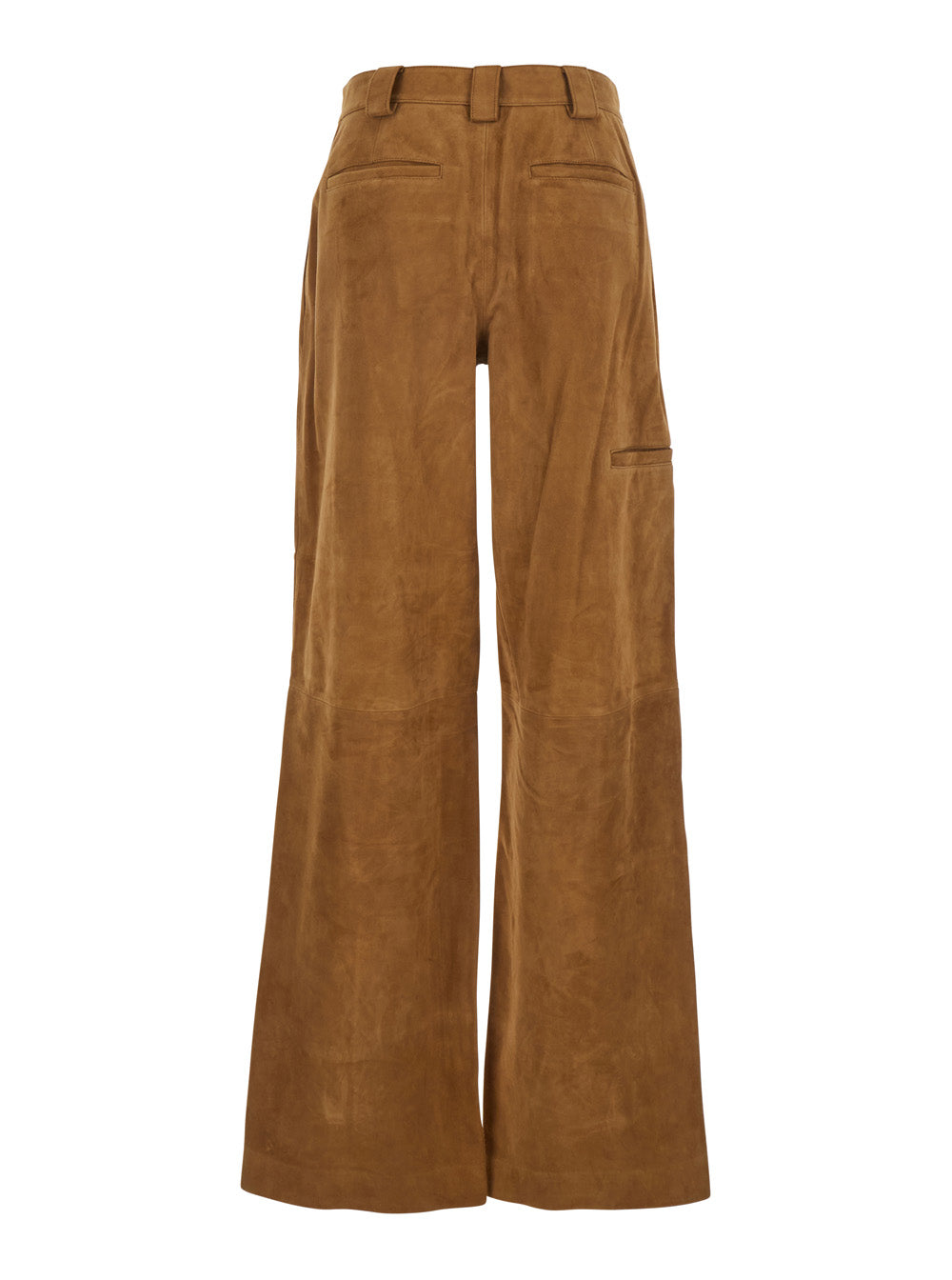 Beige Pants With Belt Loops And Insert Design Suede Woman Trousers