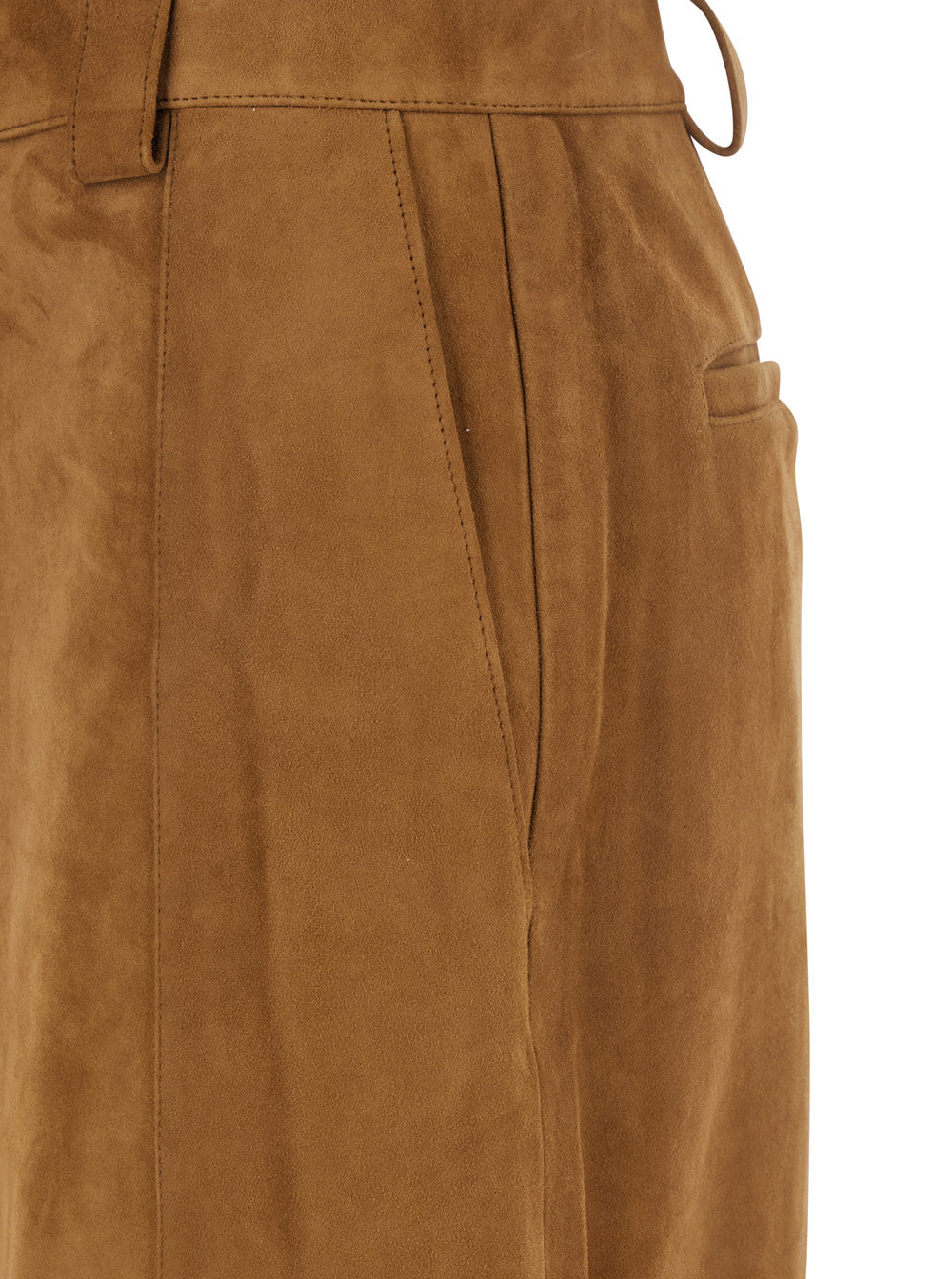 Beige Pants With Belt Loops And Insert Design Suede Woman Trousers