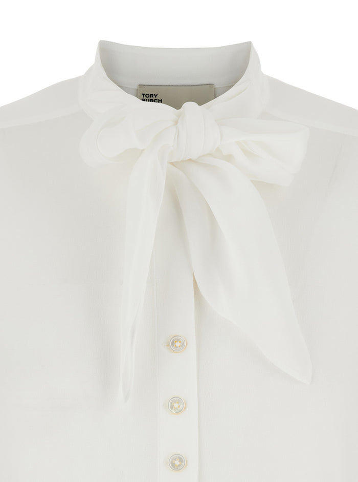 White Blouse with Pussybow Collar in Viscose Woman Shirts And Blouses
