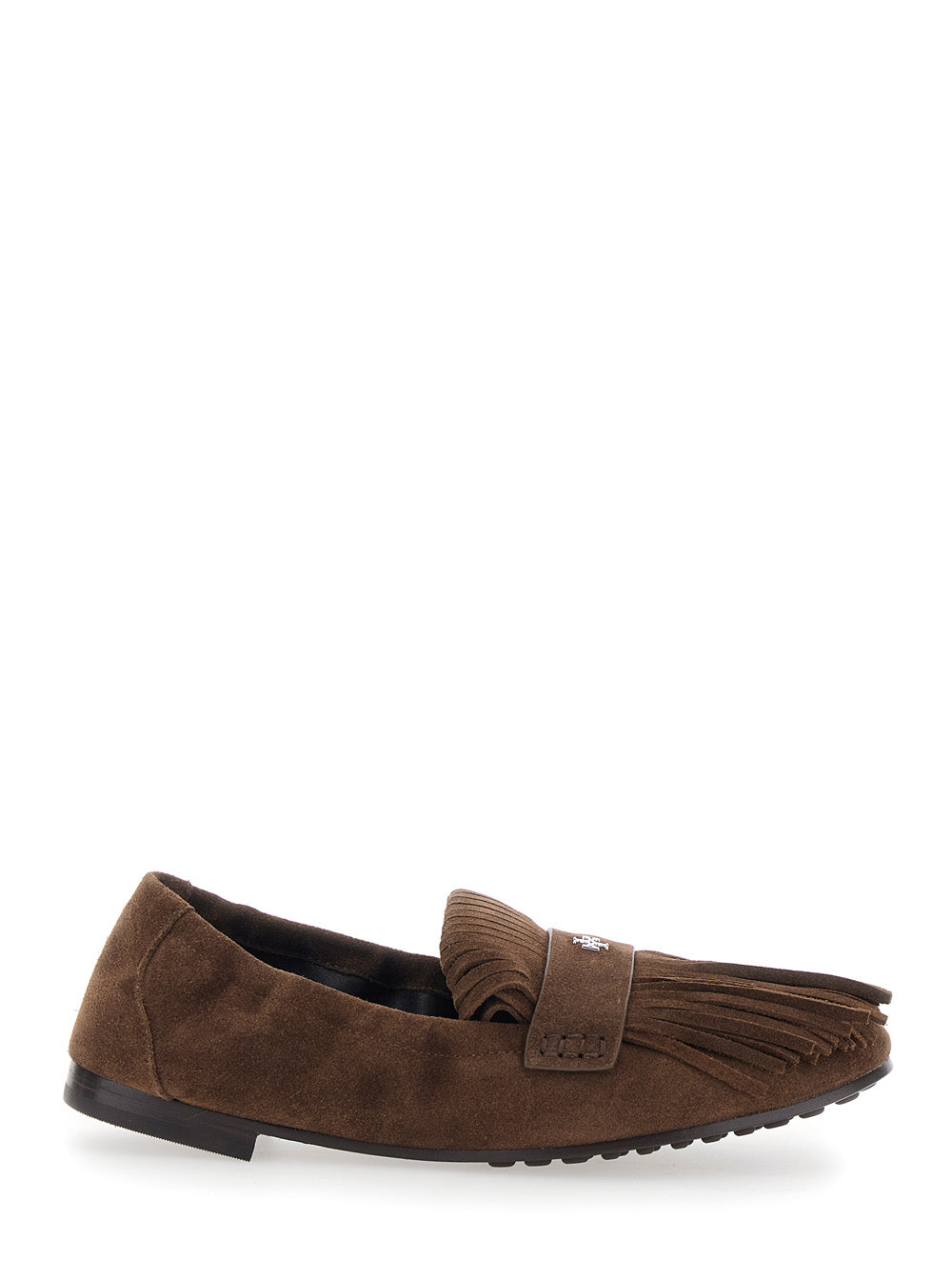 Brown Loafers with Fringe and Metallic Logo in Suede Woman Calf