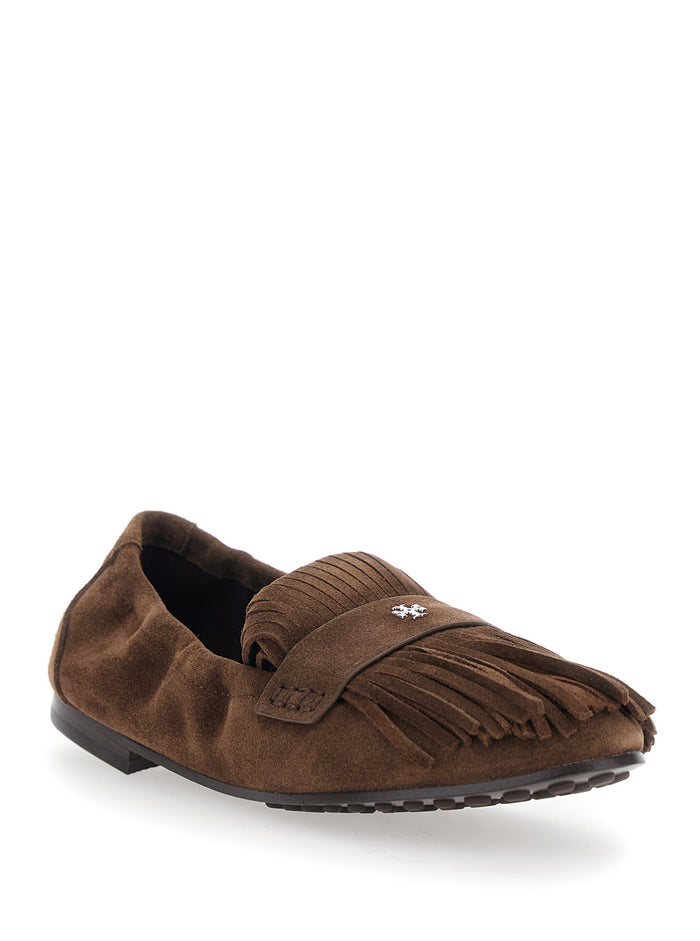 Brown Loafers with Fringe and Metallic Logo in Suede Woman Calf