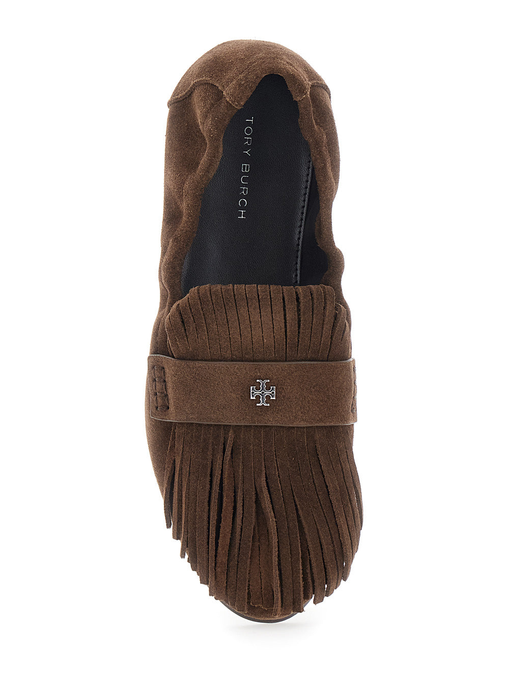 Brown Loafers with Fringe and Metallic Logo in Suede Woman Calf