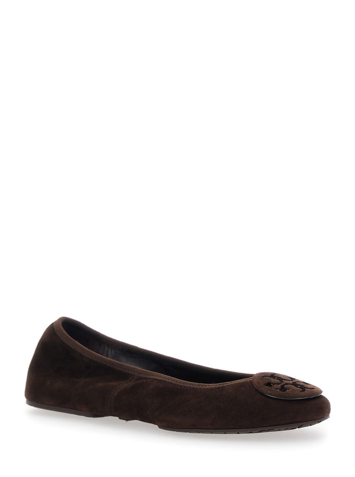 Brown Ballerinas with Logo Plaque on the Front in Suede Woman Ovine Nylon