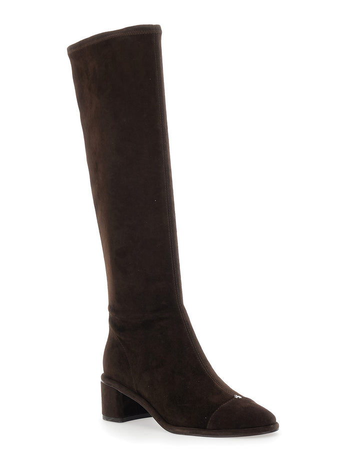 Brown Knee-High Boots with Block Heel in Suede Woman Goat