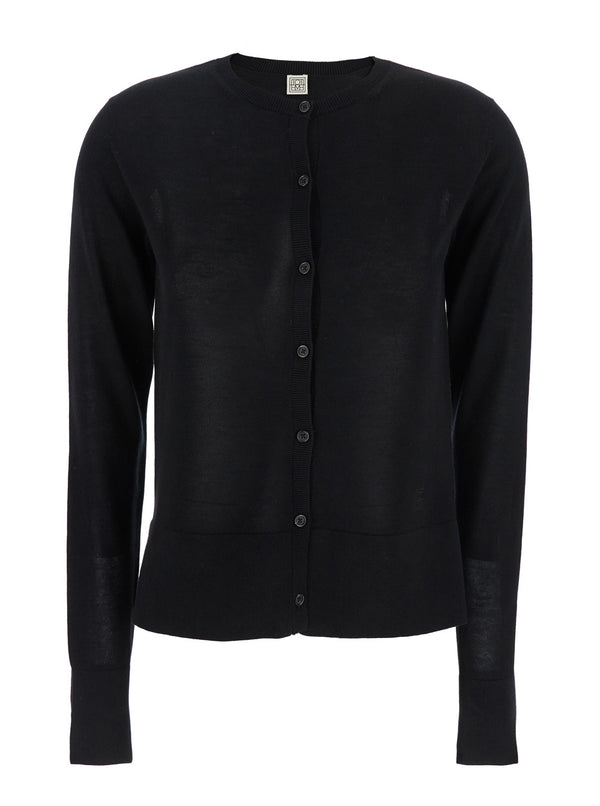 Black Crewneck Cardigan With Logo Detail Lyocell Tops