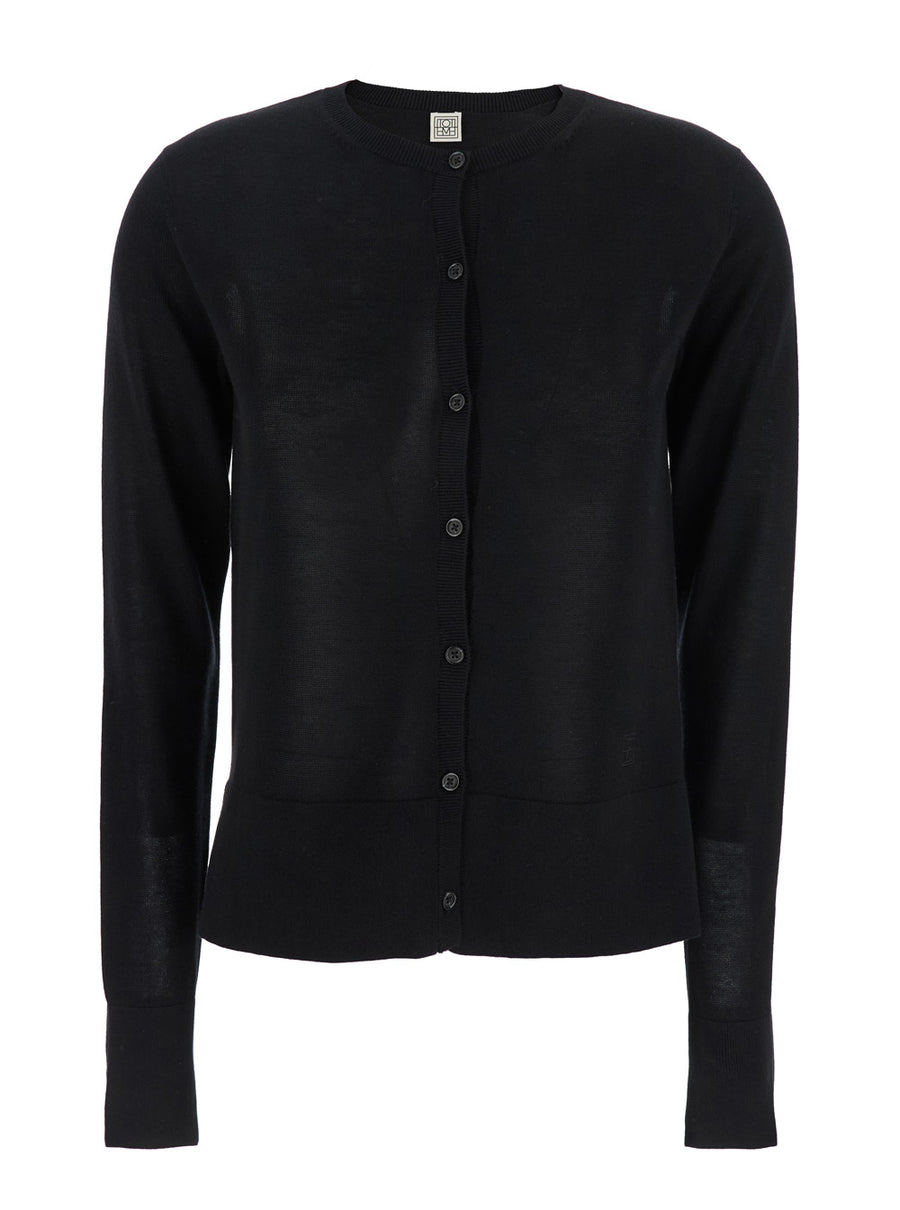 Black Crewneck Cardigan With Logo Detail Lyocell Tops