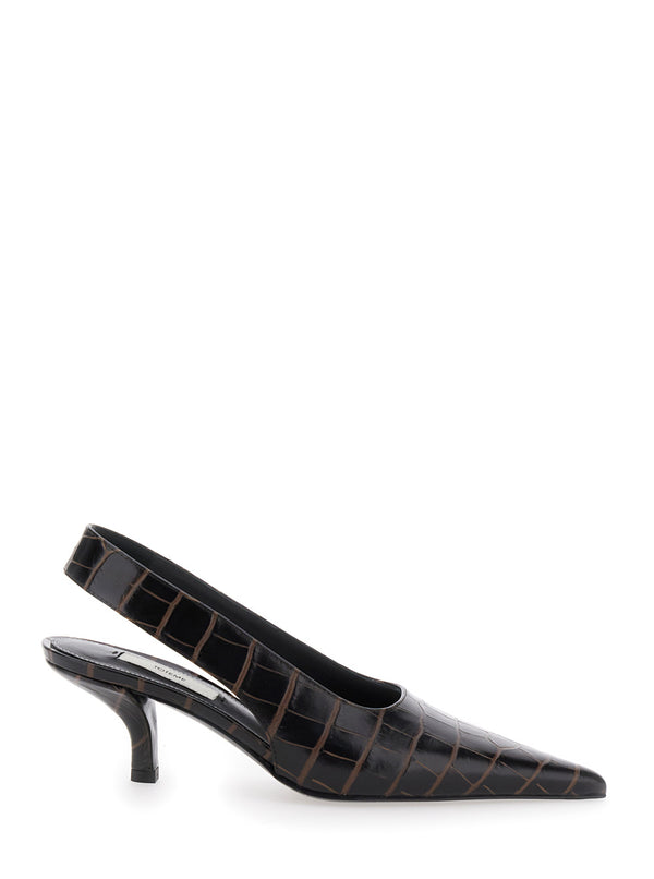Brown Slingback Pumps With Kitten Heel Cow Leather