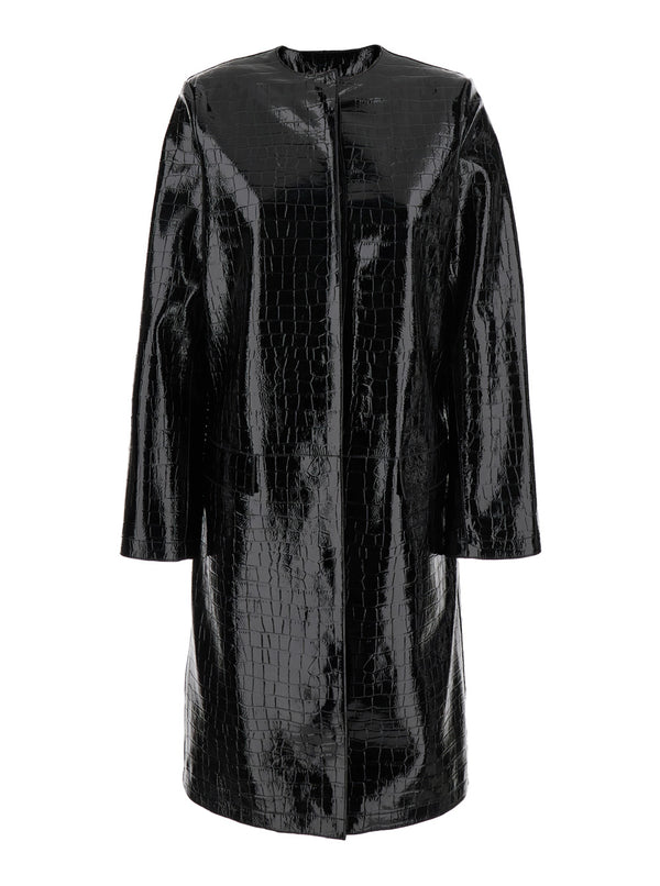 Black Leather Coat With Crocodile Effect Lamb