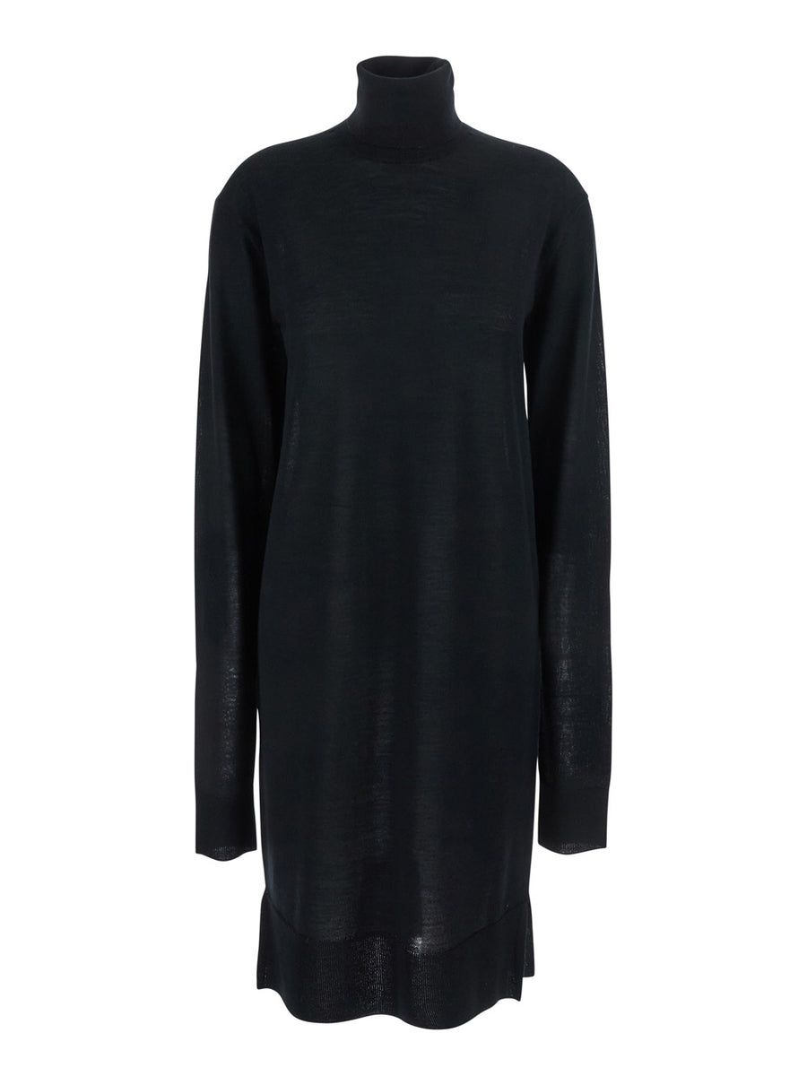 Black Turtleneck Dress With Side Slits Wool