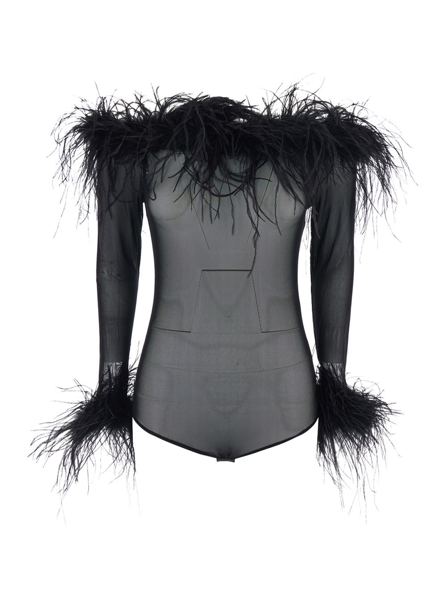 Black Top With Boat Neck And Feathers Nylon Tops