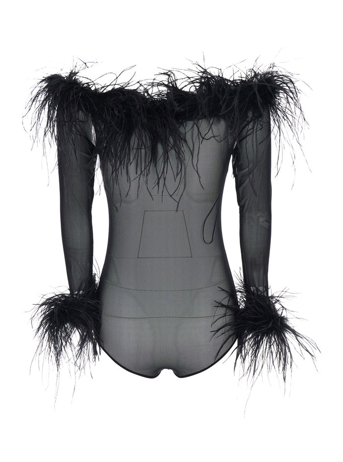 Zuben Black Top with Boat Neck and Removable Feathers Applied to the Edges in Stretch Tulle Woman Nylon Spandex Tops