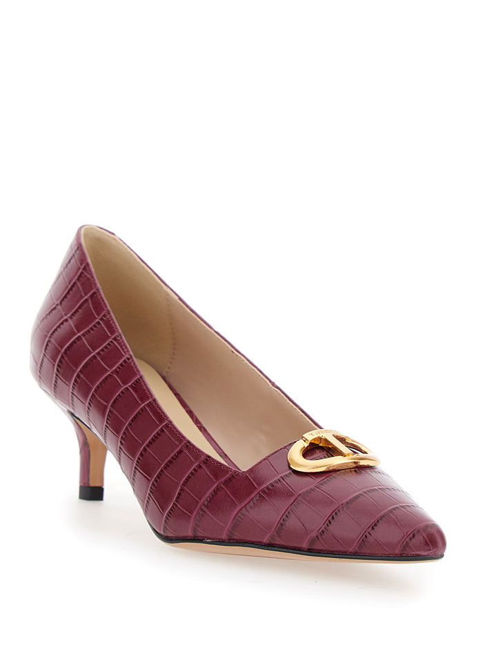 Bordeaux Pumps with Low Stiletto Heel and Embissed Crocodile Effect in Leather Woman Red Heels