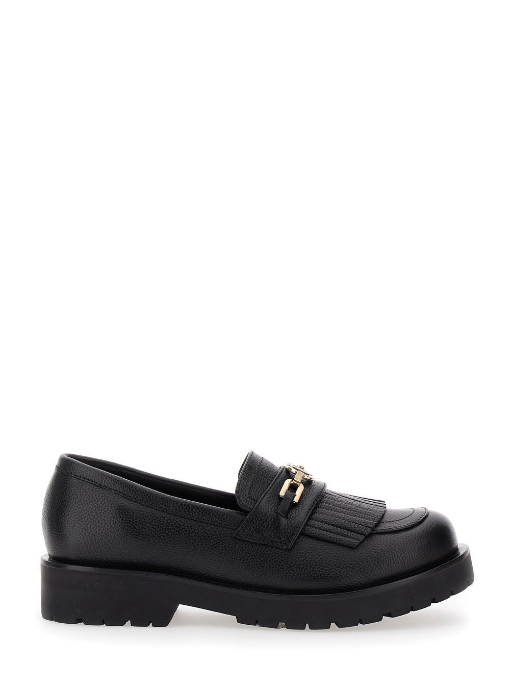 Black Loafers With Platform And Metallic Logo Leather Woman