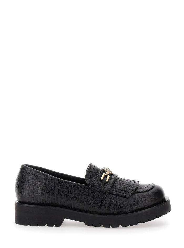 Black Loafers With Platform And Metallic Logo Leather Woman