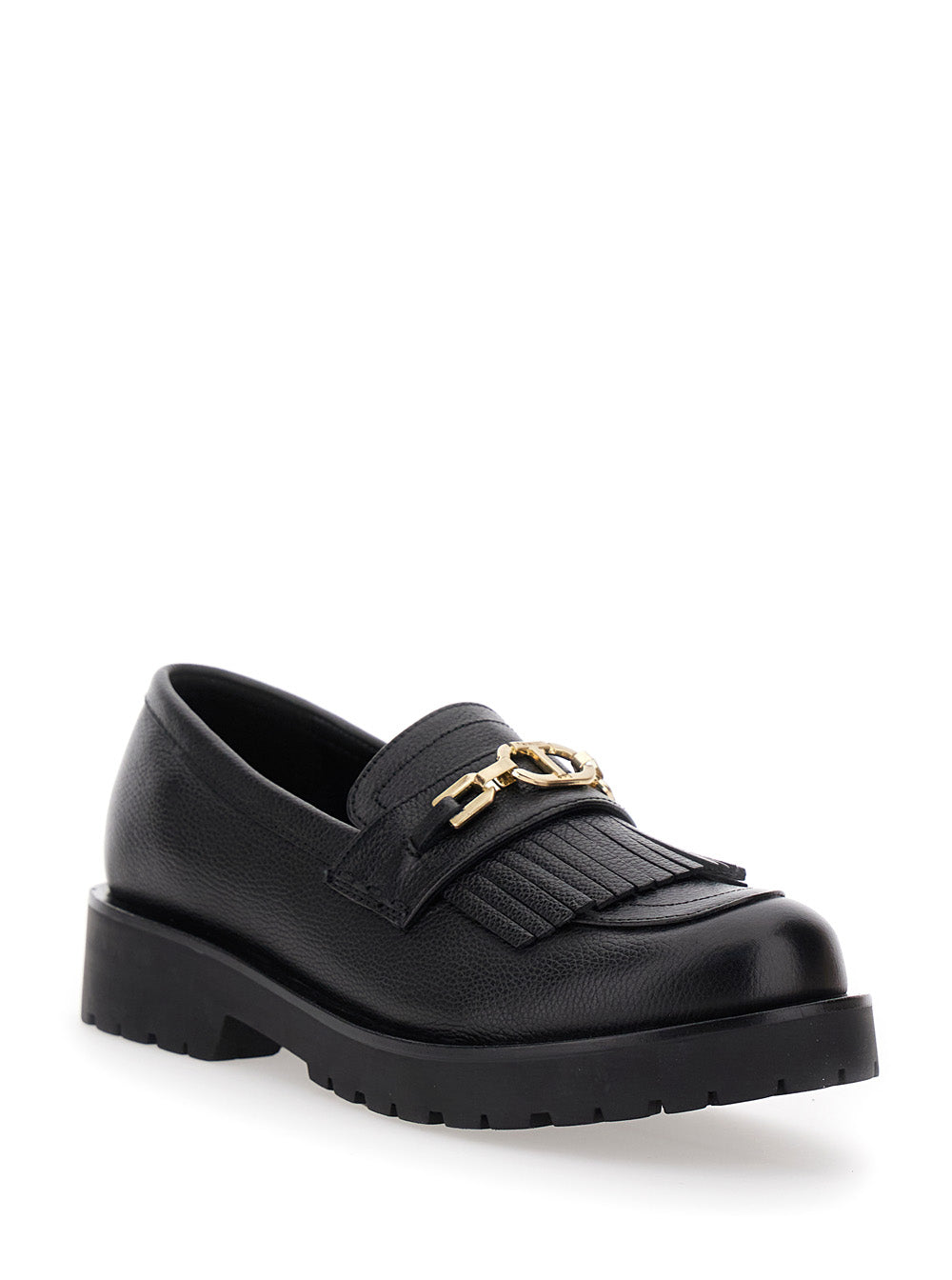 Black Loafers With Platform And Metallic Logo Leather Woman