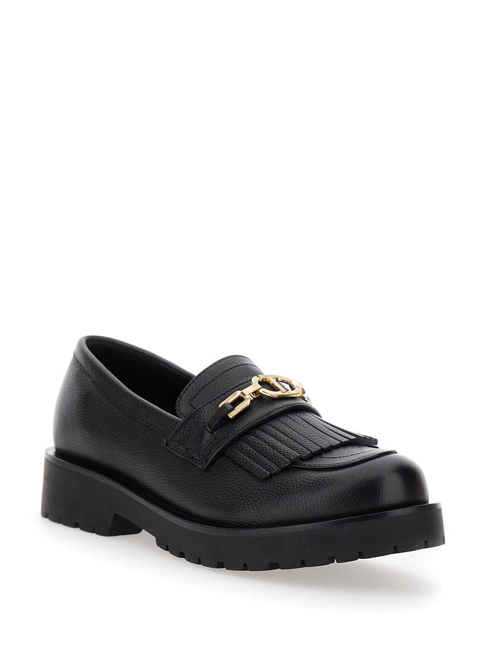 Black Loafers With Platform And Metallic Logo Leather Woman