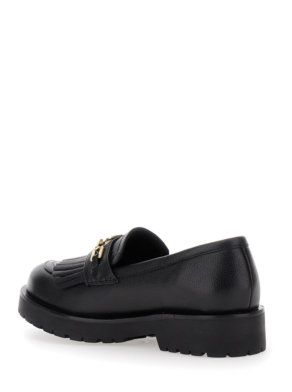 Black Loafers With Platform And Metallic Logo Leather Woman