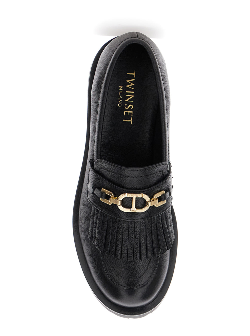 Black Loafers With Platform And Metallic Logo Leather Woman