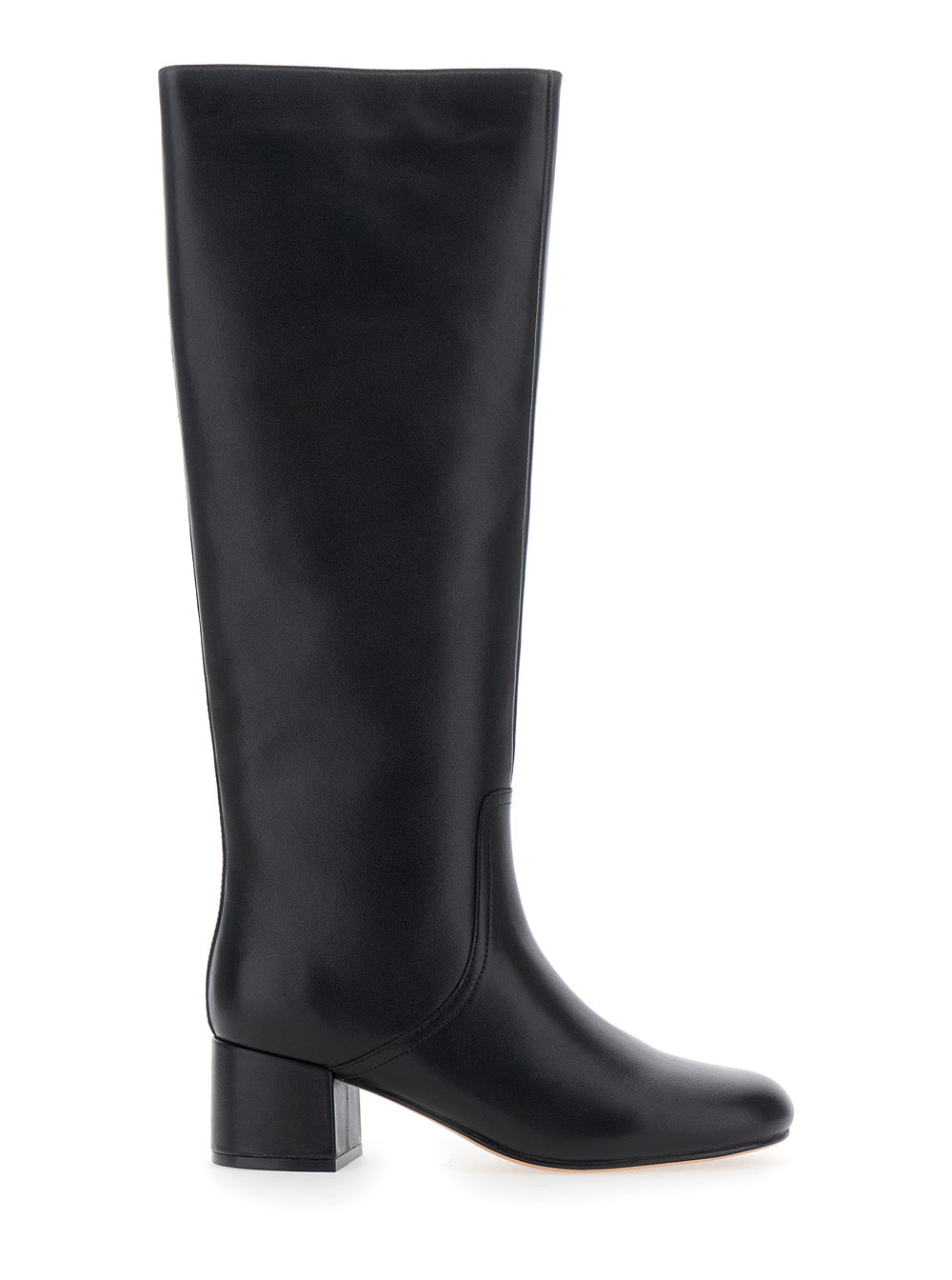 Black Knee High Boots With Round Toe Leather Woman