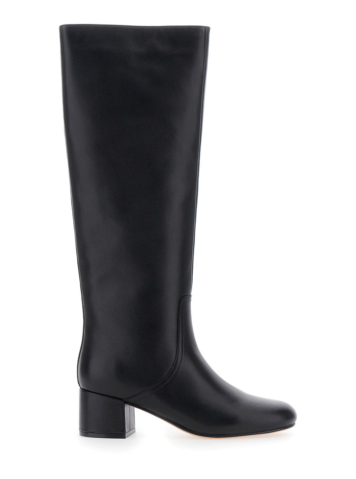 Black Knee High Boots With Round Toe Leather Woman
