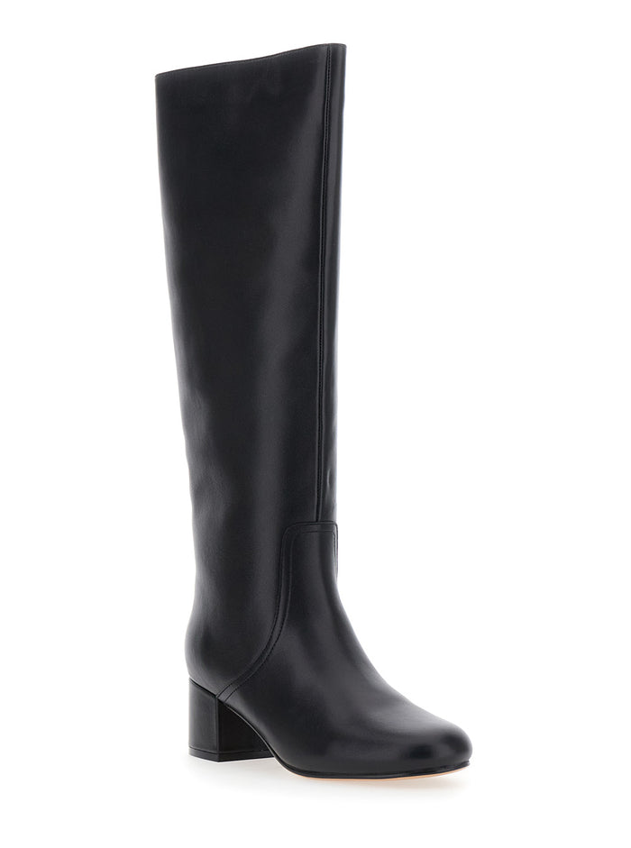 Black Knee High Boots With Round Toe Leather Woman