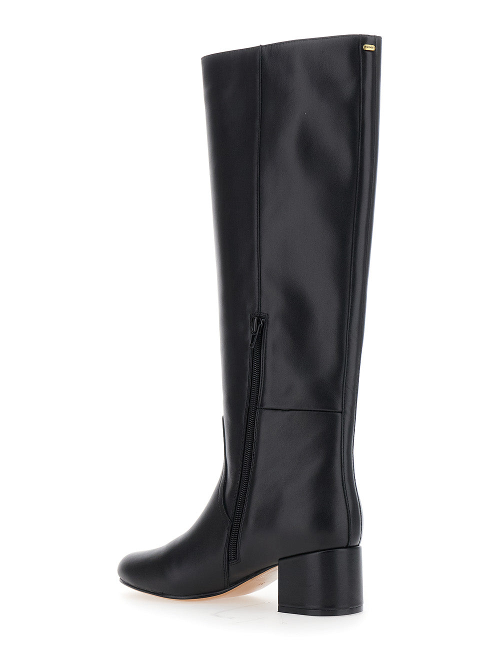 Black Knee High Boots With Round Toe Leather Woman