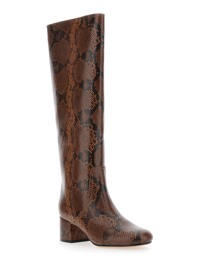 Brown Knee Boots with Python Effect in Leather Woman Polyurethane