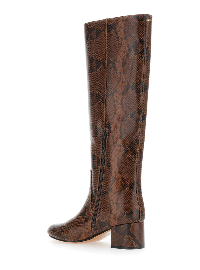 Brown Knee Boots with Python Effect in Leather Woman Polyurethane