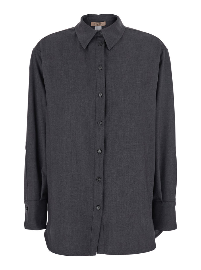 Grey Shirt with Classic Collar and Logo Plaque on the Rear in Viscose Blend Stretch Woman Blouses