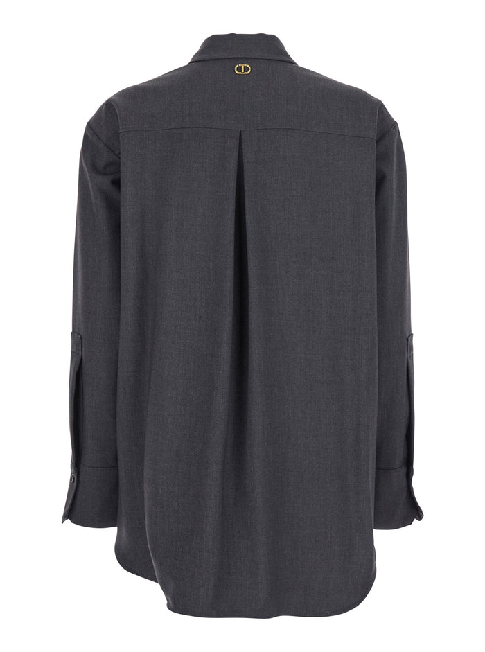 Grey Shirt with Classic Collar and Logo Plaque on the Rear in Viscose Blend Stretch Woman Blouses