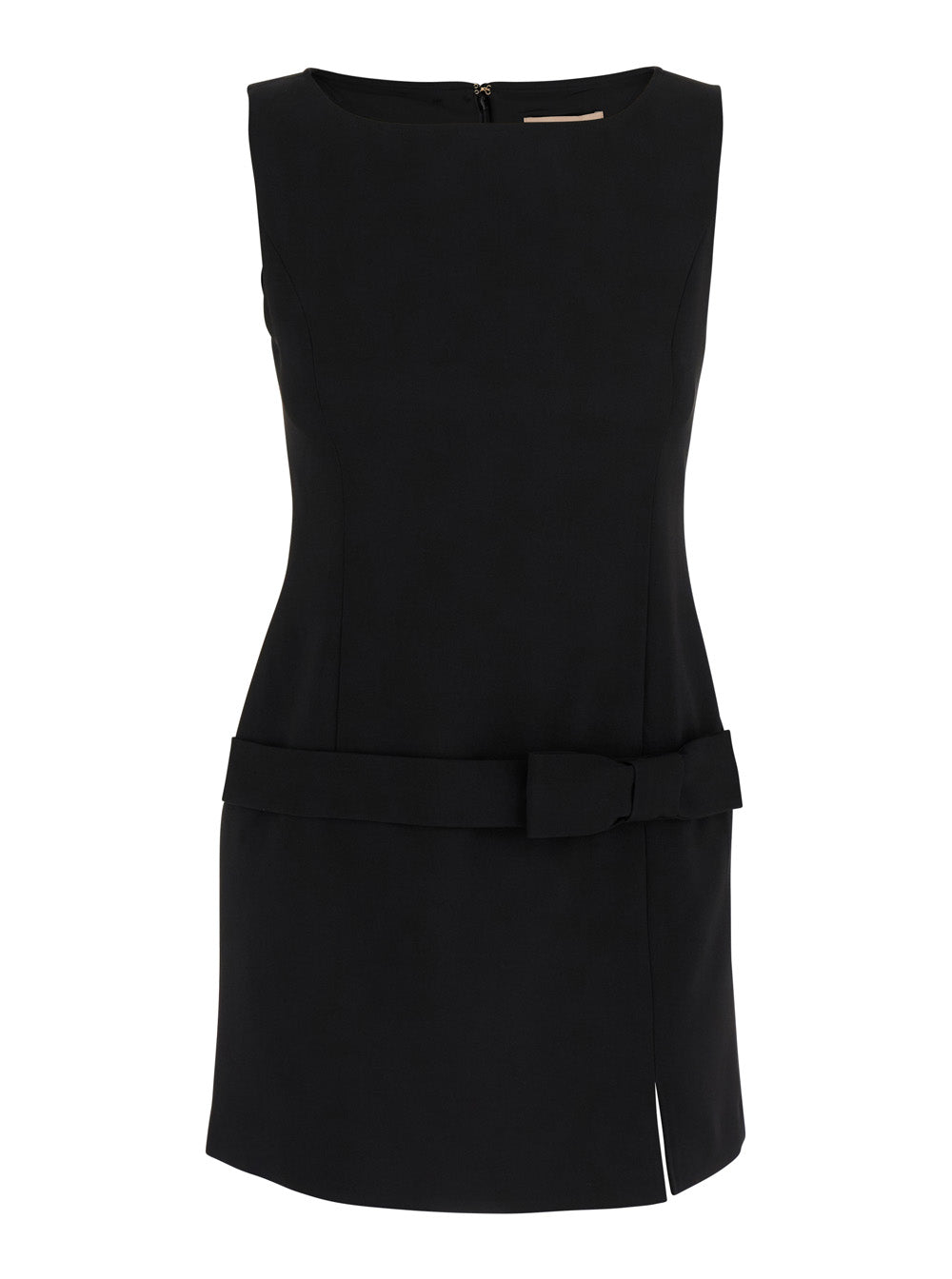Black Crewneck Mini Dress with Bow Detail on the Front and Logo Plaque Rear in Tech Fabric Stretch Woman Textile Paper Elastane
