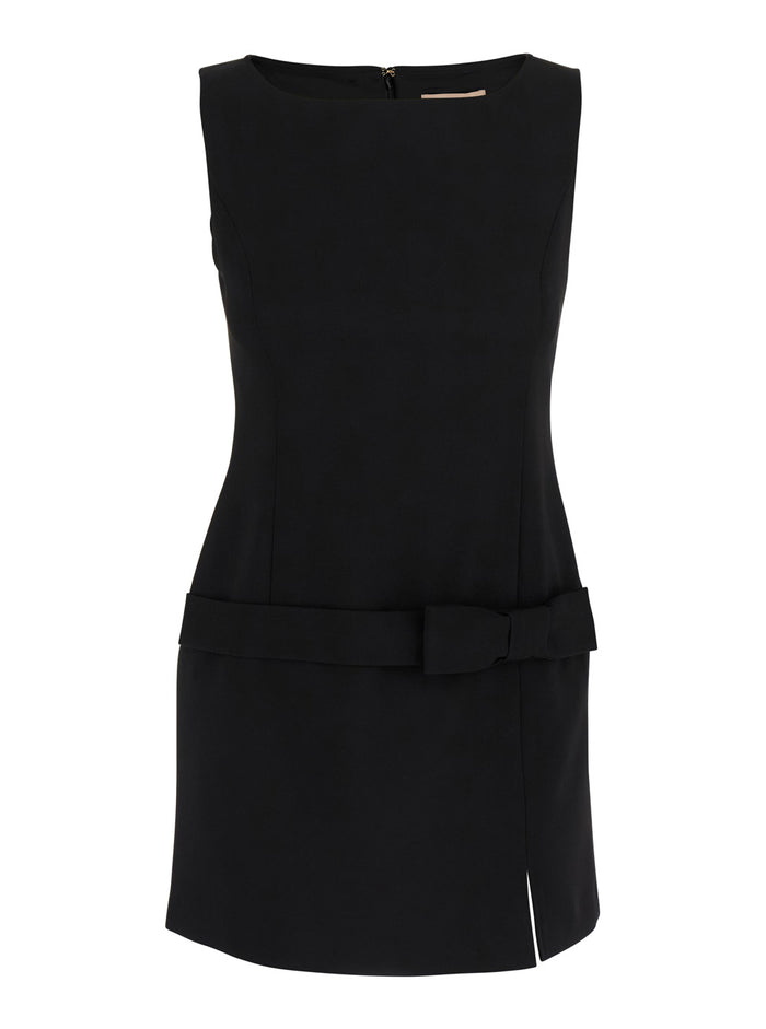 Black Crewneck Mini Dress with Bow Detail on the Front and Logo Plaque Rear in Tech Fabric Stretch Woman Textile Paper Elastane